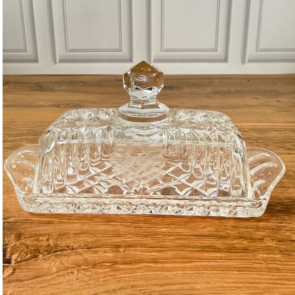 Vintage Cut Crystal Butter Dish with Etched Flower‎ Design West Germany EUC